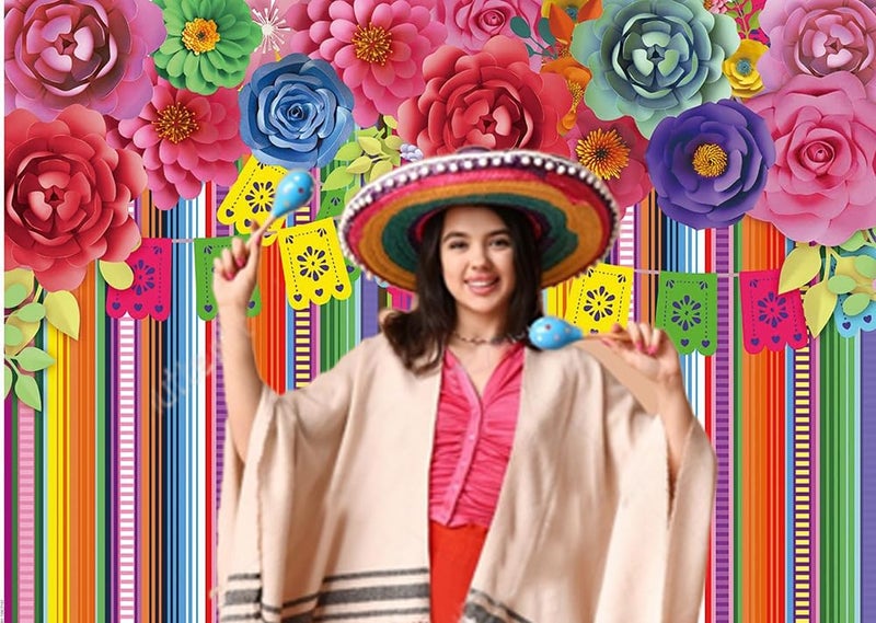 CHAIYA 7x5ft Mexican Fiesta Theme Backdrop Festival Birthday Party Decor Cinco De Mayo Carnival Colorful Flags Floral Banner Table Decor Background CY-125 - Image 2